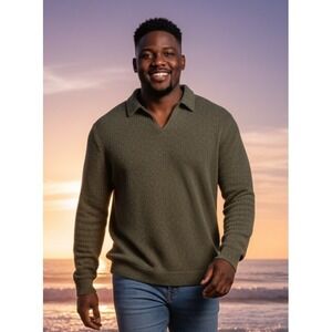 Vtg Sansegal Sweater Polo Mens XL Sage Terry Cloth Knit USA Made Collared 90s